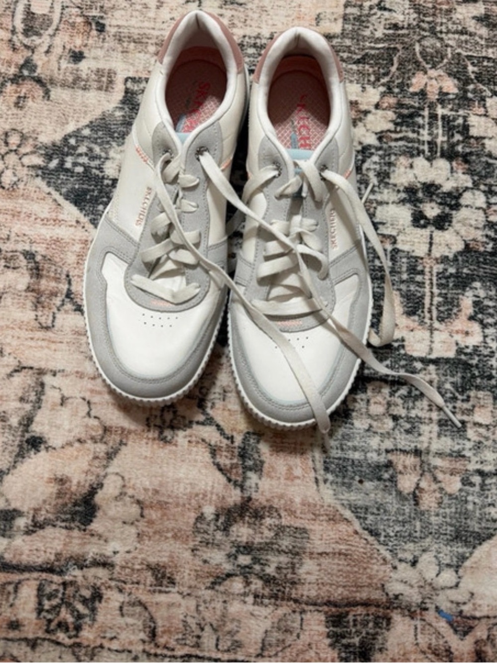 Skechers White and Light Gray Women's Lace-Up Sneakers with Pink Accents